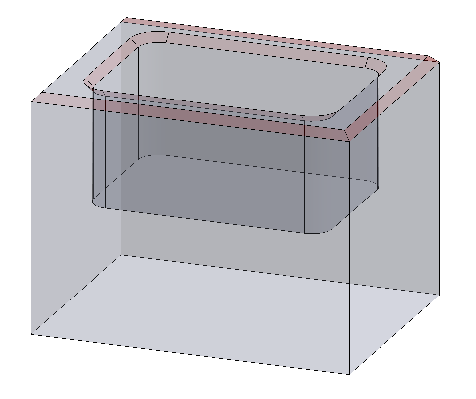 Colored illustration of a part with chamfer around the pocket manufactured by CNC milling