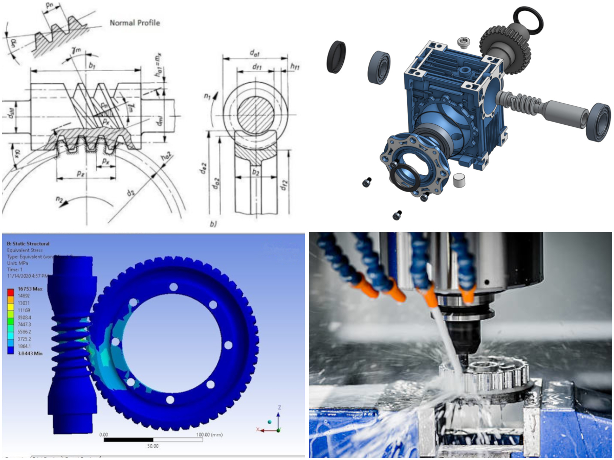 An assemblage of the different steps involved in the design, development and production of a gear component, symbolizing the meticulous development and engineering process involved.